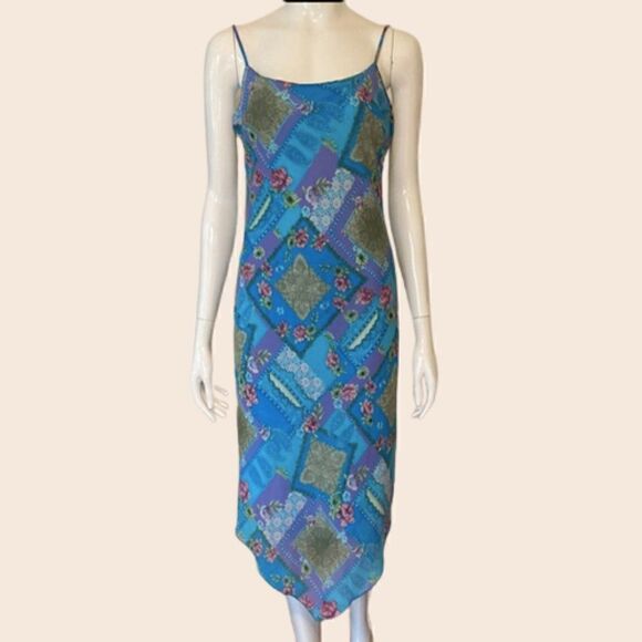 Vintage My Michelle Blue & Green Patchwork Handkerchief Midi Dress Size 9 - Picture 1 of 12